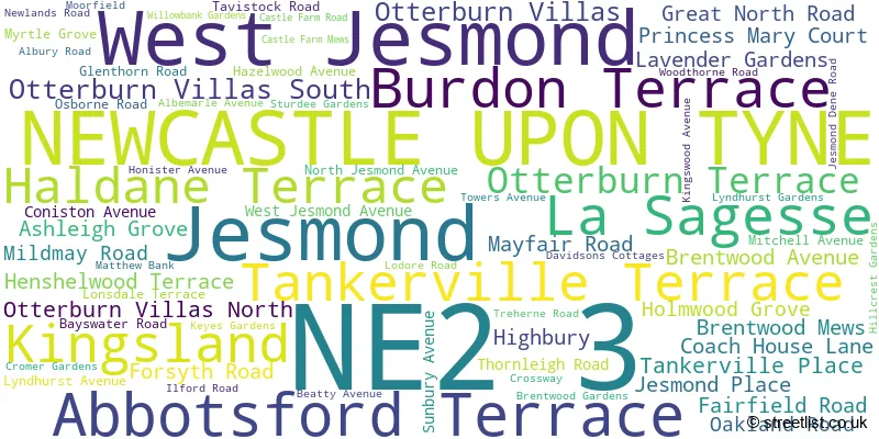 A word cloud for the NE2 3 postcode